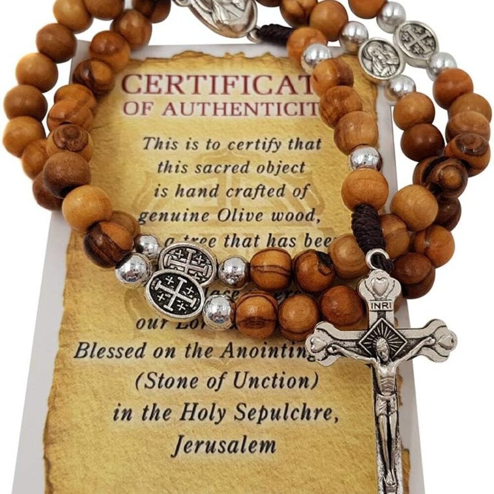 Olive Wood Beads Catholic Rosary Jerusalem Holy Soil Certificate in Blue Pouch - Picture 4 of 5